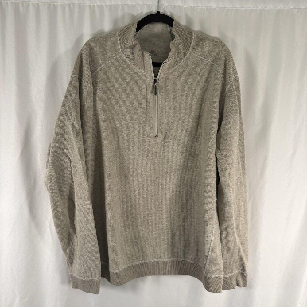 Tommy Bahama Sweater Men's 2XL Beige 1/4 Zip Knit Pullover Reversible Turtleneck